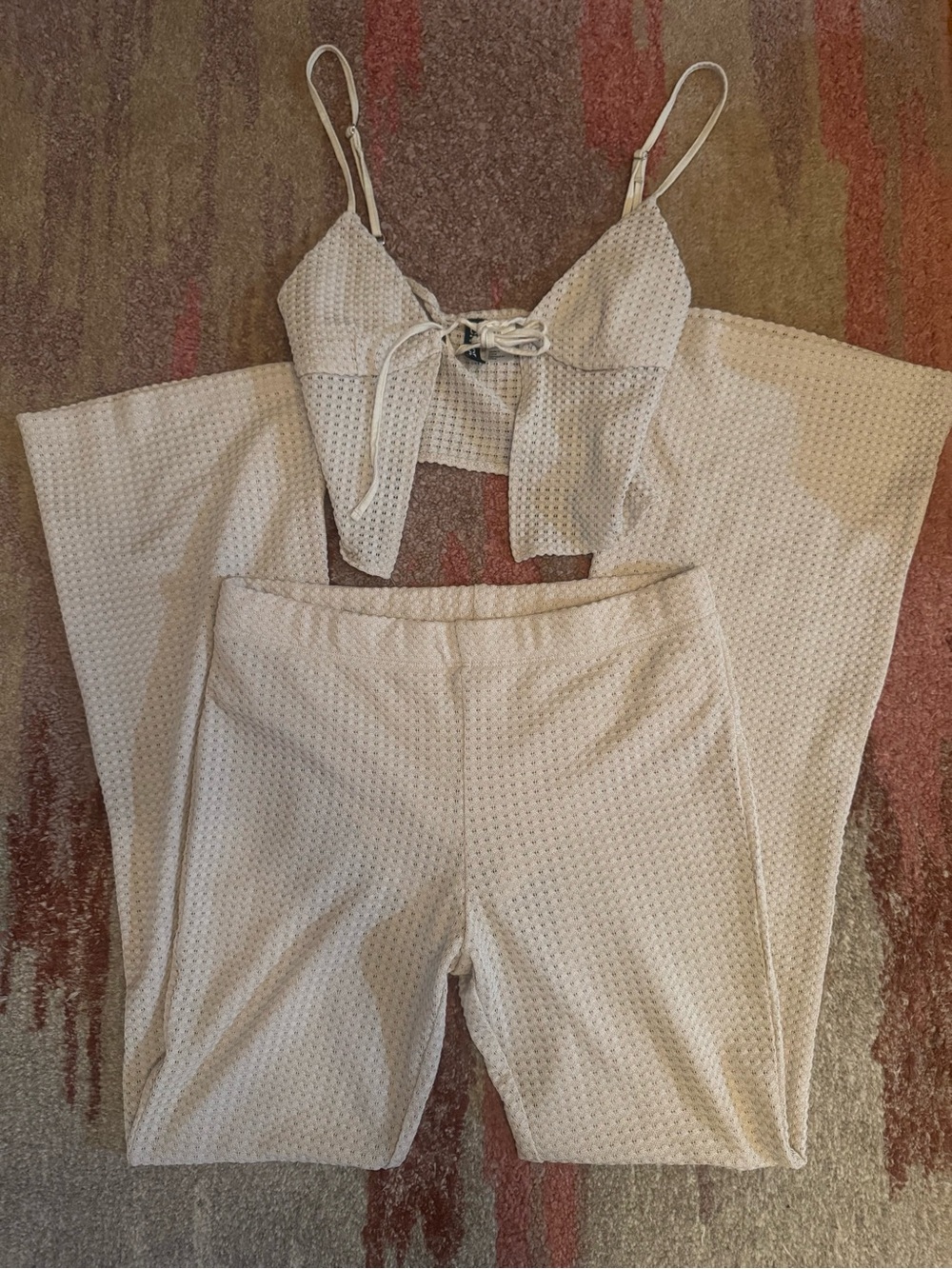 H&M Cream Textured Two-Piece Set - Crop Top & High-Waist Pants